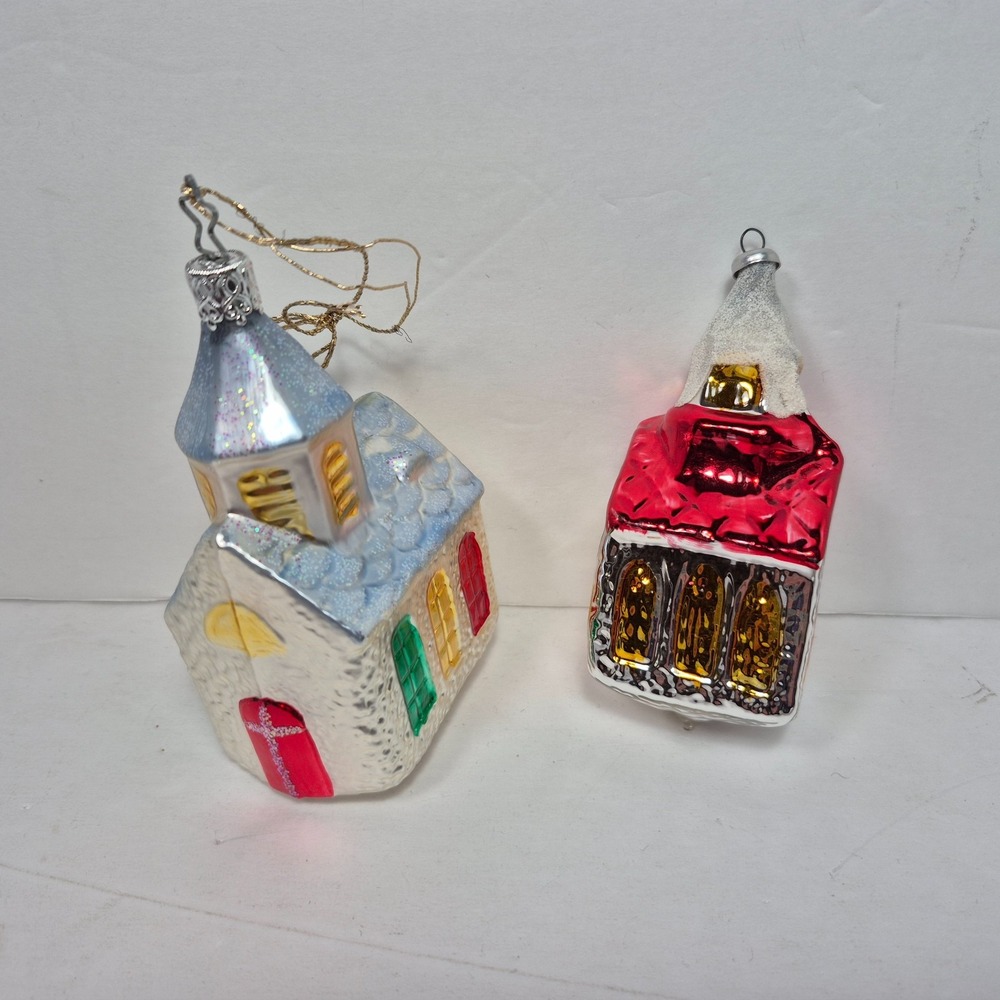 Old World Church Mercury Blown Glass Ornament West Germany Lot of Two
